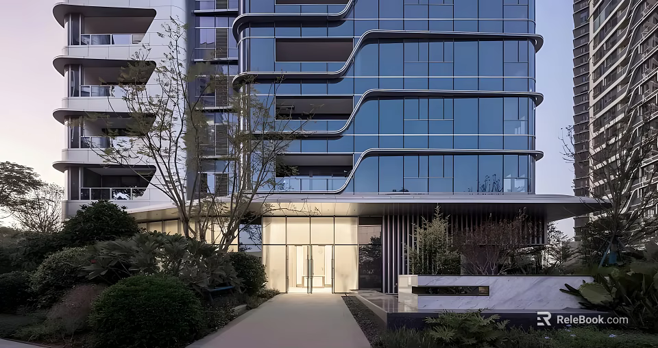 Modern High Rise Building Facade With Glass Curtain Wall Curved Design And Greenery Around Entrance 3d model 
