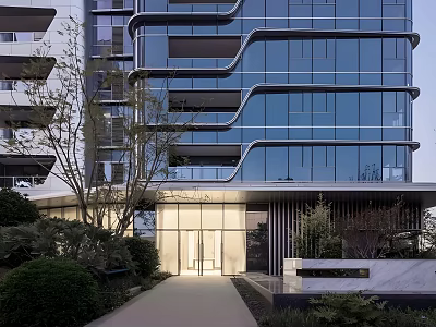 Modern High Rise Building Facade With Glass Curtain Wall Curved Design And Greenery Around Entrance 3d model