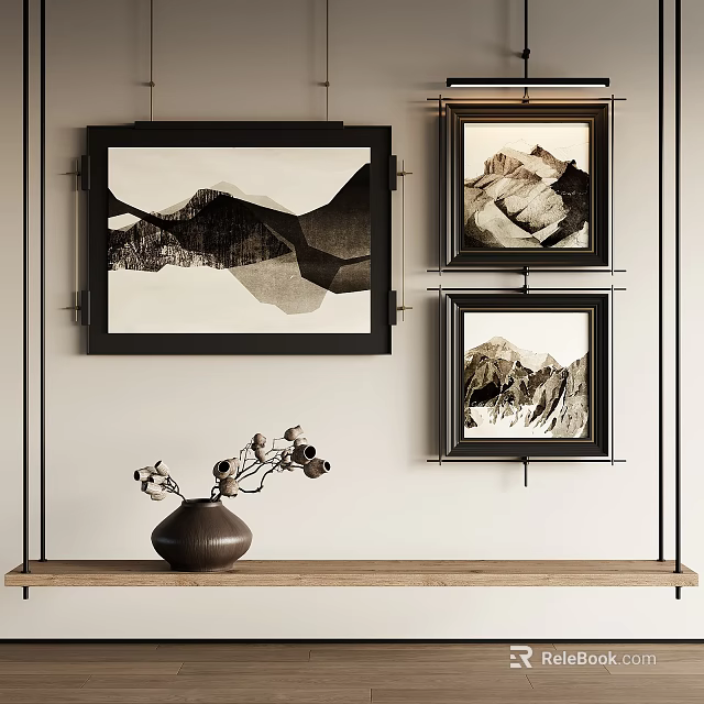 Abstract Painting Framed Wall Art Pieces For Home Interior With Wooden Shelf And Vase Decorative Elements 3d model 