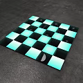 Mirror Checkerboard Floor Tiles Illuminated With Blue Lighting In Dark Spacious Room