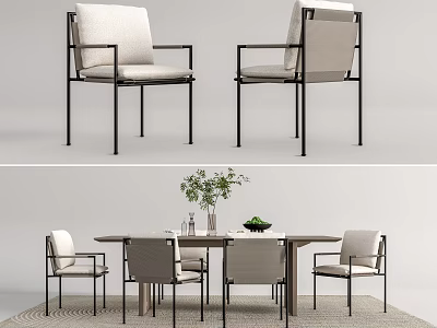 Modern Dining Table Set With Light Upholstered Chairs Wooden Tabletop And Metal Legs 3d model