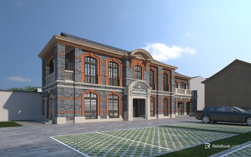 Traditional Chinese Villa With Gray Tile Roof Red Brick Walls Front Courtyard And Sunny Day 3d model 