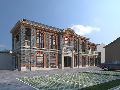 Traditional Chinese Villa With Gray Tile Roof Red Brick Walls Front Courtyard And Sunny Day 3d model