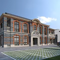 Traditional Chinese Villa With Gray Tile Roof Red Brick Walls Front Courtyard And Sunny Day
