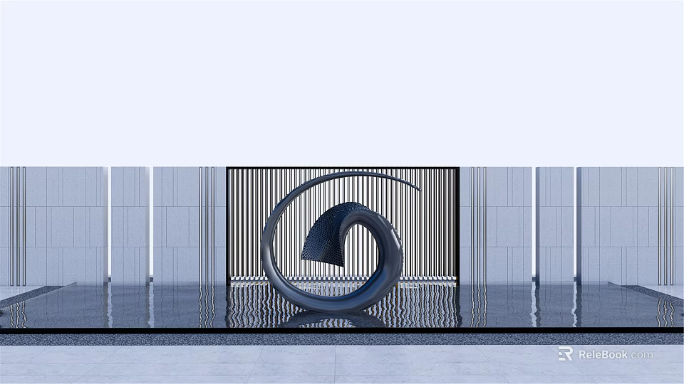Spiral Shaped Metallic Landscape Sculpture in Water Pool with Grille Background Wall 3d model
