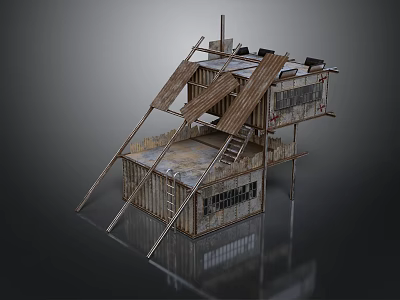 Rustic Container Building Structure With Sloped Wooden Roof And Metal Ladder 3d model