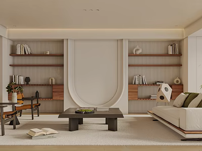 Modern Living Room Interior Design With Shelves Books Sofa Coffee Table And Rug 3d model