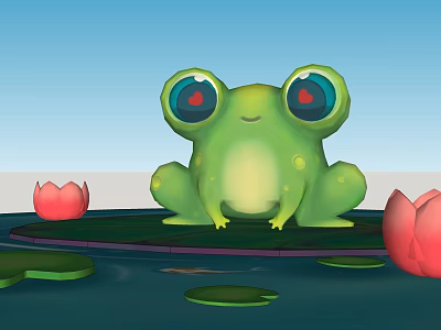 Green Frog Landscape Sculpture With Heart Shaped Eyes On Lotus Leaf And Pink Flowers 3d model