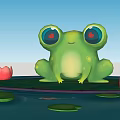 Green Frog Landscape Sculpture With Heart Shaped Eyes On Lotus Leaf And Pink Flowers