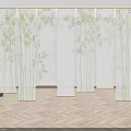 Bamboo Patterned Blinds In Oriental Interior With Herringbone Wood Flooring And Carved Screens