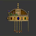Elaborate Golden Crown Sculpture Decorated With Cross Colorful Gemstones And Tassels