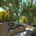 Stunning Garden Landscape With Central Stone Fountain Terraced Steps And Vibrant Yellow Flowers