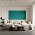 Modern Living and Dining Area with Light Sofa Coffee Table TV and Decorative Paintings