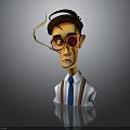 Cartoon Male Character With Glasses Red Eye Brown Hair White Shirt Blue Tie Brown Suspenders Gray Background Reflection