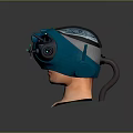 Modern Tech Inspired Blue Head Mounted Helmet With Black Structures And Red Circular Component 3d model