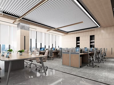 Modern Office Interior Design With Open Desks Computers Green Plants Wooden Blinds And Pendant Lights 3d model