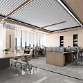 Modern Office Interior Design With Open Desks Computers Green Plants Wooden Blinds And Pendant Lights