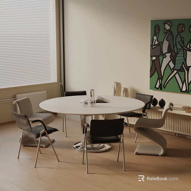 Modern Round White Dining Table Set With Black And Gray Chairs And Colorful Wall Art 3d model 