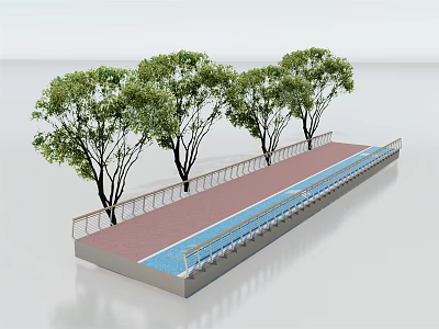 Road Infrastructure Featuring Red Pavement Blue Lane Trees And Railing 3d model