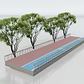 Road Infrastructure Featuring Red Pavement Blue Lane Trees And Railing