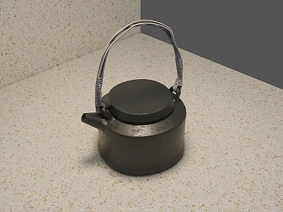 Cast Iron Kettle With Black Lid And Handle On Beige Speckled Countertop Surface 3d model