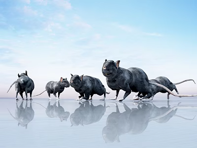 Group of Black Reptiles Walking on Shiny Ground with Reflections Under Clear Blue Sky 3d model