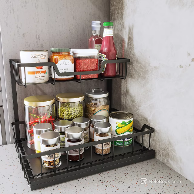 Black 2 Tier Kitchen Storage Rack Organizer With Spice Jars Cans And Sauce Bottles 3d model 