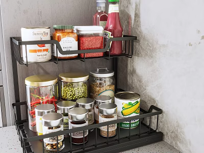 Black 2 Tier Kitchen Storage Rack Organizer With Spice Jars Cans And Sauce Bottles 3d model