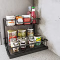 Black 2 Tier Kitchen Storage Rack Organizer With Spice Jars Cans And Sauce Bottles