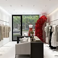 Clothing Store Interior with Hanging Clothes Display Counter Bags and Flower Bouquet Mirror Bright Design