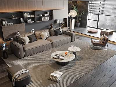 Modern Living Room With Gray Sofa And Coffee Table Set Area Rug Bookshelf Plant Chair 3d model