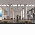 Modern Bright Spacious Bank Lobby Interior Design With Marble Columns And Comfortable Customer Waiting Areas