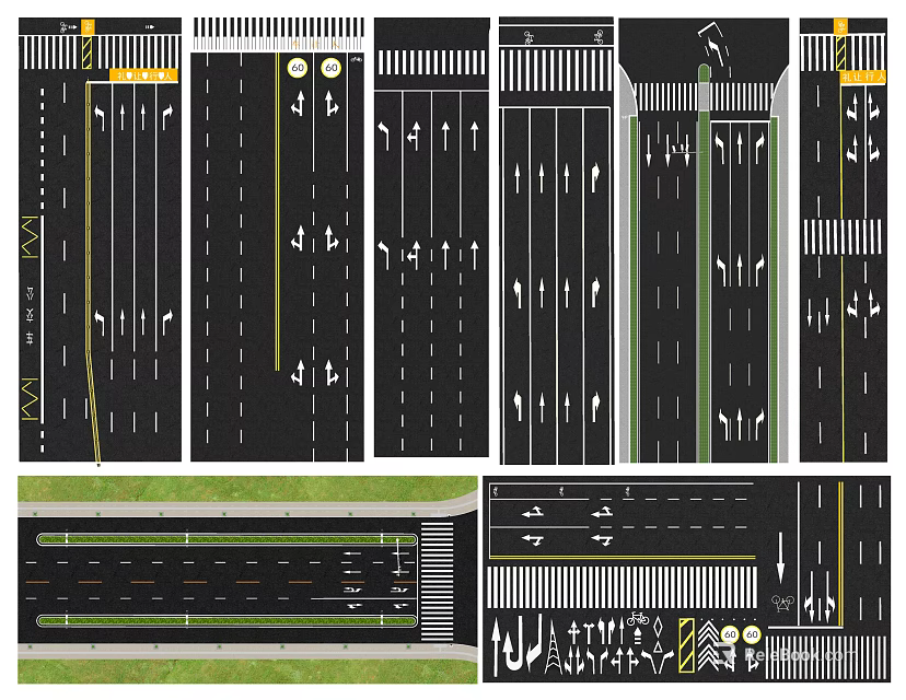 Road Infrastructure Design With Traffic Lanes Markings Pedestrian Crossings Green Belts And Streetlights 3d model 