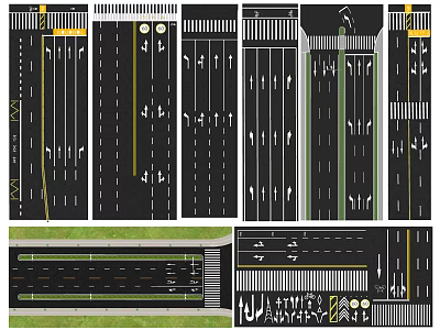 Road Infrastructure Design With Traffic Lanes Markings Pedestrian Crossings Green Belts And Streetlights 3d model