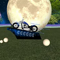 Giant Full Moon Illuminates Motorcycle On Grass Field With Starry Sky And Glowing Orbs