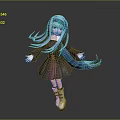 Anime Style Game and Movie Character with Blue Flowing Hair Dark Dress and White Shoes
