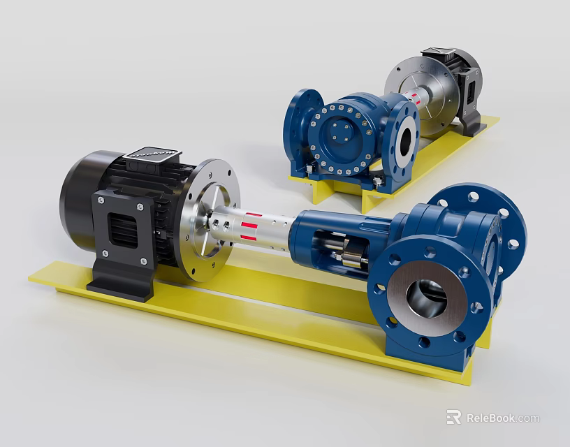 Industrial Pumps With Blue Metal Bodies Black Motors Flange Connections And Yellow Bases 3d model 