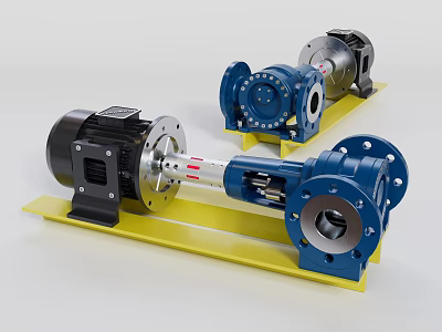 Industrial Pumps With Blue Metal Bodies Black Motors Flange Connections And Yellow Bases 3d model
