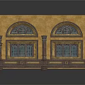 Classical Architectural Corner Wall Design With Arched Windows And Intricate Decorative Patterns
