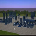 Outdoor Playground Equipment With Blue Structures Grass Area And Trees