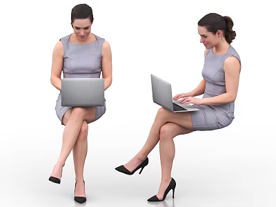 Two Women in Gray Dresses Sitting and Using Laptops with High Heels 3d model