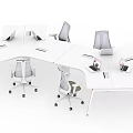 Modern Office Desk With White Surface Ergonomic Chairs And Laptop Workstations