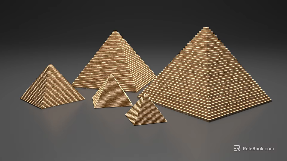 Multiple Wooden Pyramid Towers of Different Sizes Arranged Together on Gray Background 3d model 