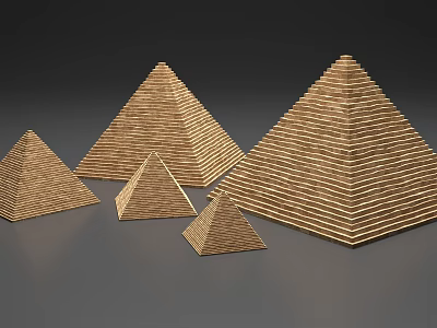 Multiple Wooden Pyramid Towers of Different Sizes Arranged Together on Gray Background 3d model