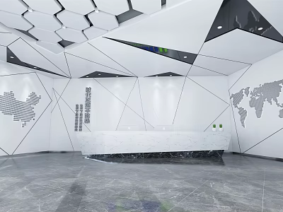 Modern Reception Desk Interior With Geometric Ceiling Marble Countertop And World Map Decor 3d model