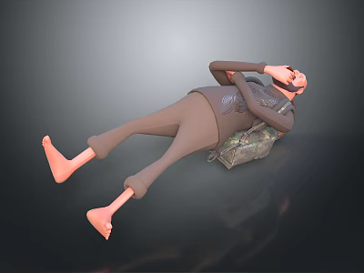 3D Character Lying On Back Wearing Dark Shirt Brown Pants And Backpack 3d model