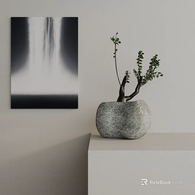 Bonsai Plant in Stone Pot on White Shelf with Black and White Wall Art 3d model 