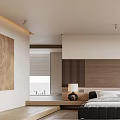 Modern Bedroom Interior With Black Bed Wooden Wall Large Window White Curtains And Light Rug