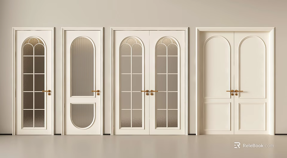 White Double Doors With Glass Panels Arched Top And Grid Design 3d model 