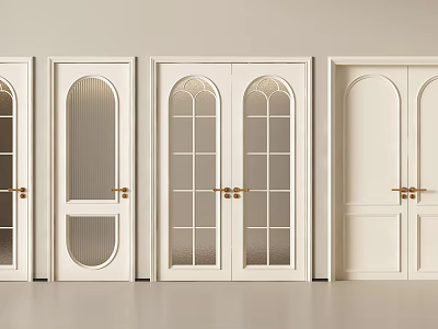 White Double Doors With Glass Panels Arched Top And Grid Design 3d model